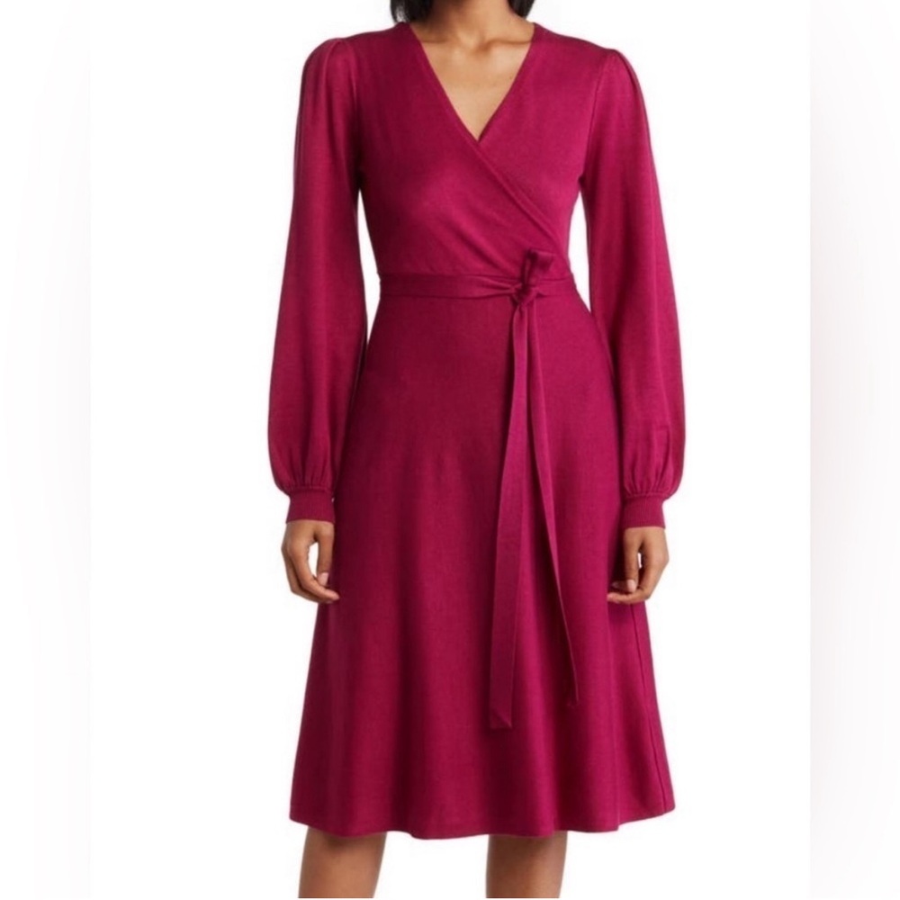 Eliza J Balloon Sleeve Wrap Midi Dress Fuschia Sweater Knit Size Medium